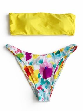 Bikini Set Strapless Yellow Bandeau Top Brazilian Cut Floral Bottom